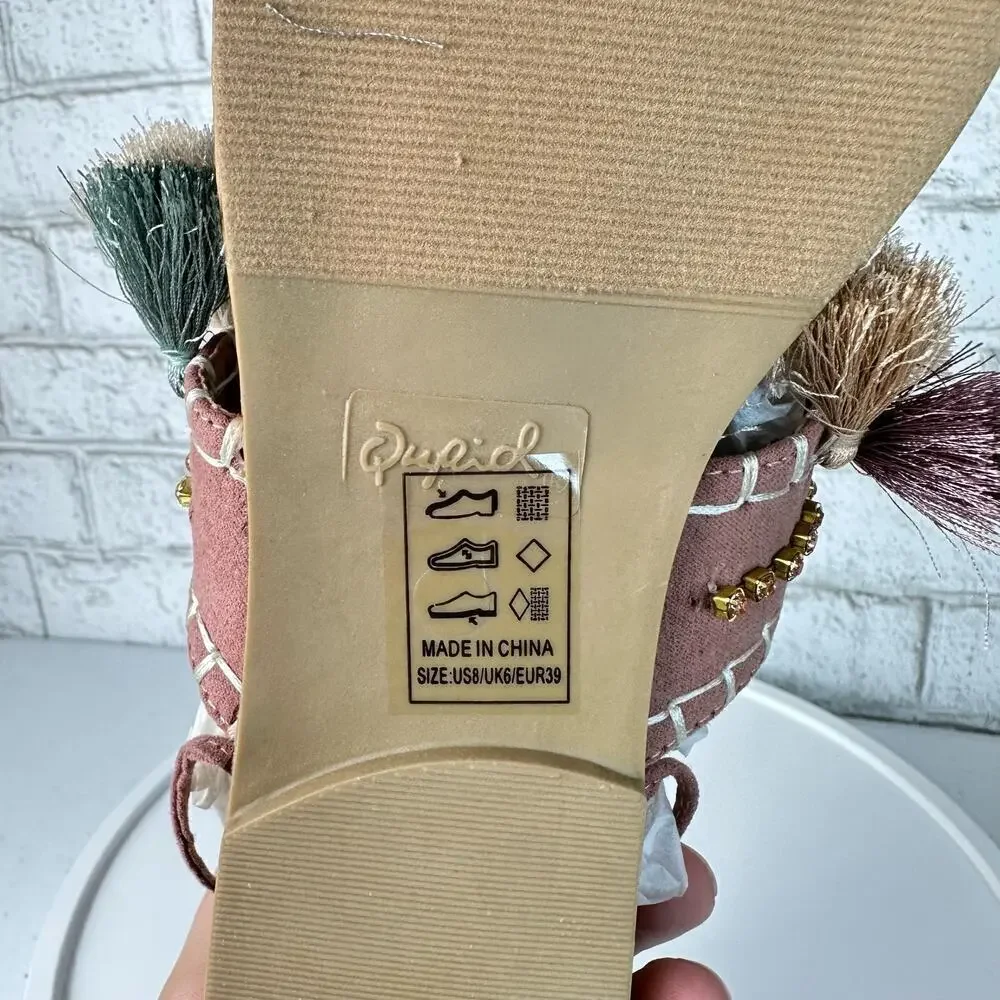 Qupid Archer Sandals Size 6 Boho Faux Leather Tassel Wrap Embroidered Pink